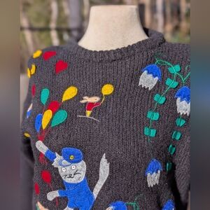 Whimsical Vintage Rafael Cat & Mouse Games Pullover Sweater